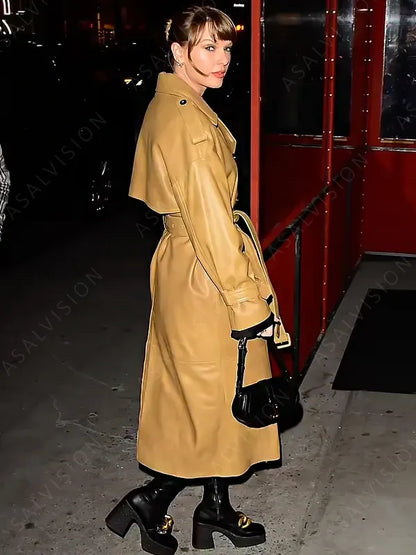 Taylor Swift Tan Belted Leather Trench Coat