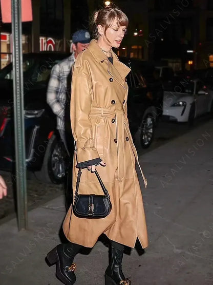 Taylor Swift Tan Leather Trench Coat