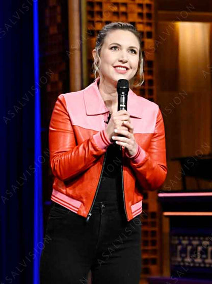Taylor Tomlinson After Midnight Pink and Red Bomber Jacket