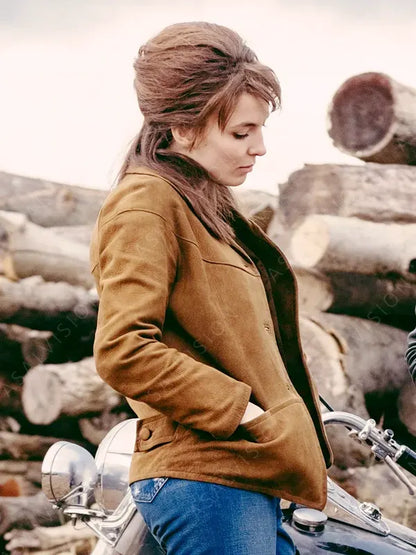 The Bikeriders Jodie Comer Brown Suede Leather Jacket