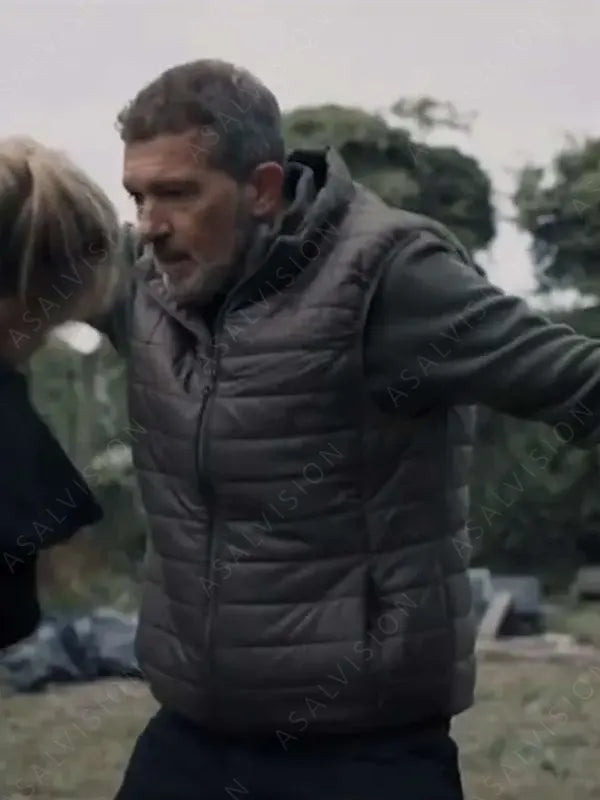 The Last Girl 2024 Antonio Banderas Grey Puffer Vest