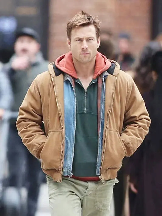 The Running Man Glen Powell Brown Hooded Jacket