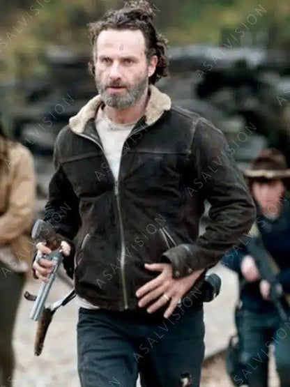 The Walking Dead Andrew Lincoln Brown Suede Leather Sherpa Jacket