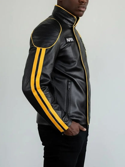 Black leather jacket with yellow stripes and NASA logo on a gray background