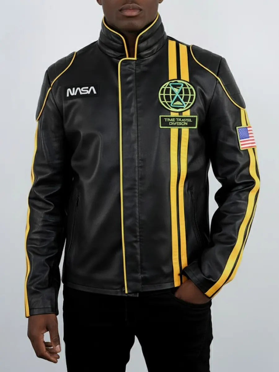 Black jacket with yellow accents and NASA logo on a gray background