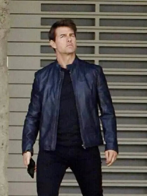 Tom Cruise Mission Impossible 6 Ethan Hunt Blue Leather Biker Jacket