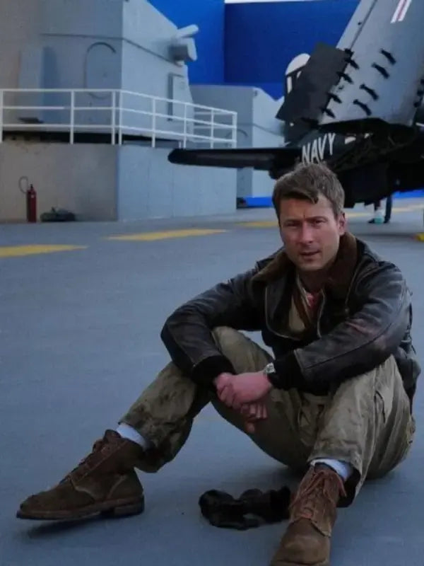 Tom Hudner Devotion 2022 Glen Powell  Flight Pilot Brown Leather Jacket