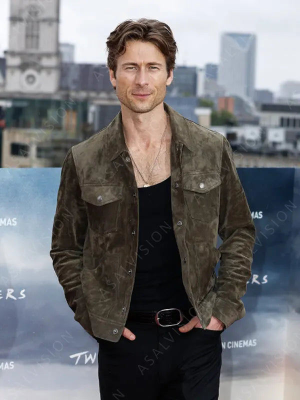 Twisters Movie Event 2024 Glen Powell Brown Suede Leather Trucker Jacket