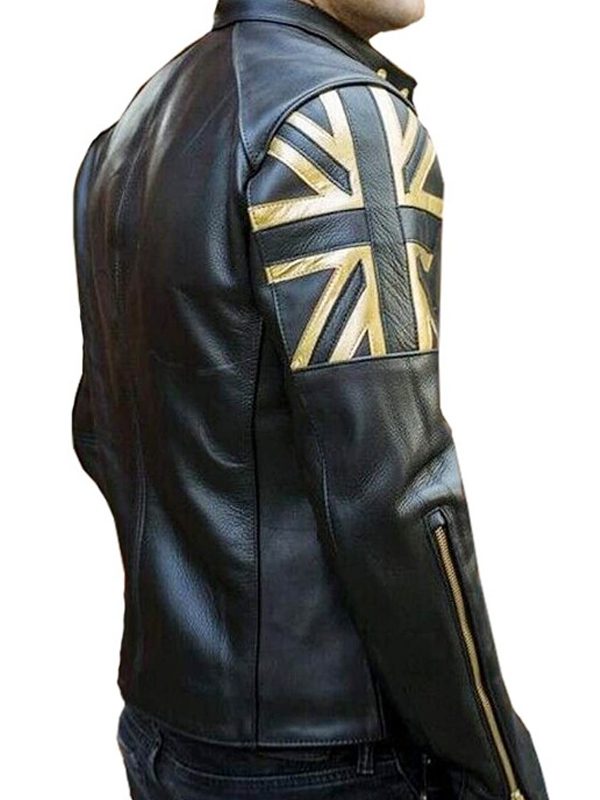 UK Flag Black Real Leather Motorcycle Jacket For Men's