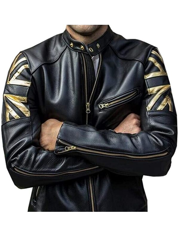 UK Flag Real Leather Motorcycle Jacket For Men's