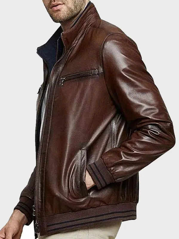 Vintage Brown Lambskin Leather Bomber Jacket For Men