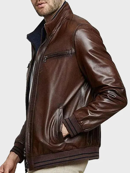 Vintage Brown Lambskin Leather Bomber Jacket For Men