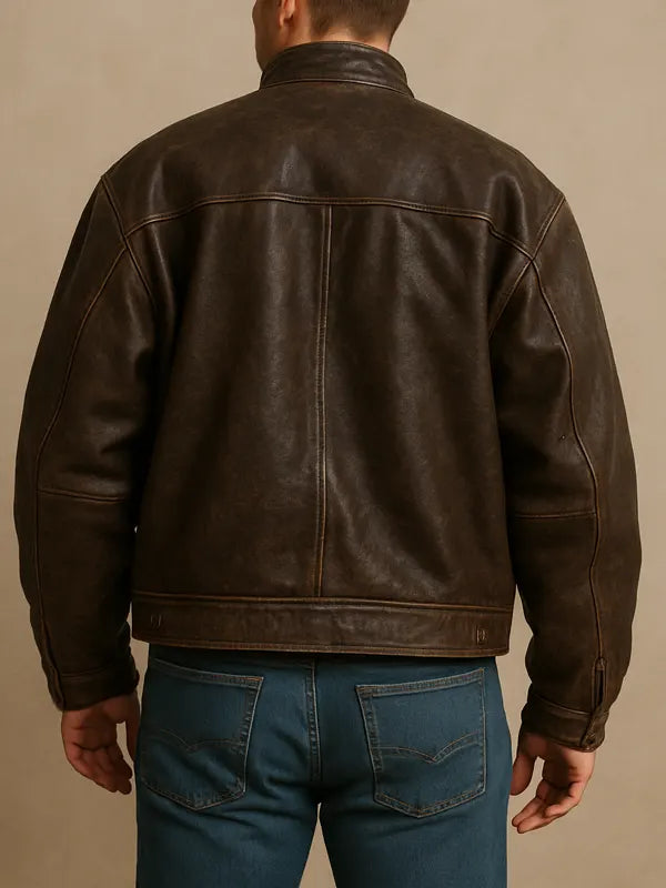 Vintage Dark Brown Distressed Cafe Racer Oversized Leather Jacket
