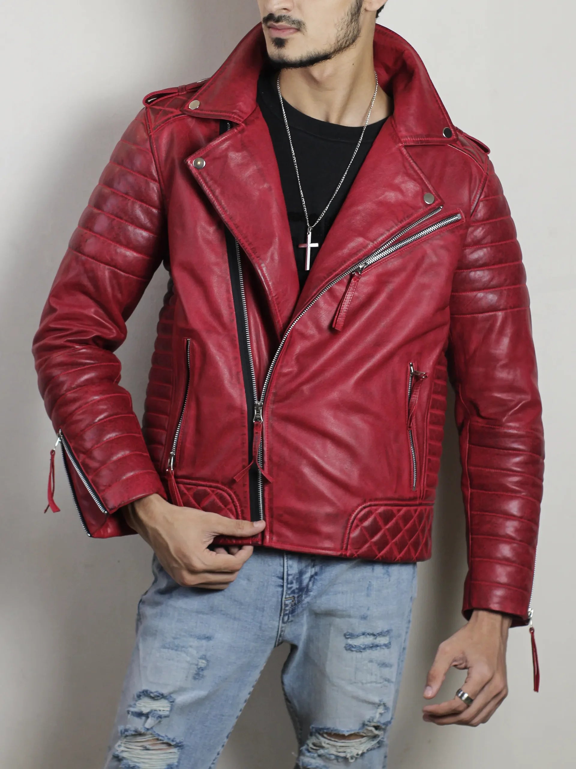 Vintage Dark Red Leather Biker Jacket