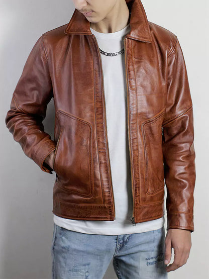 Vintage Men's Shirt Collar Brown Leather Jacket