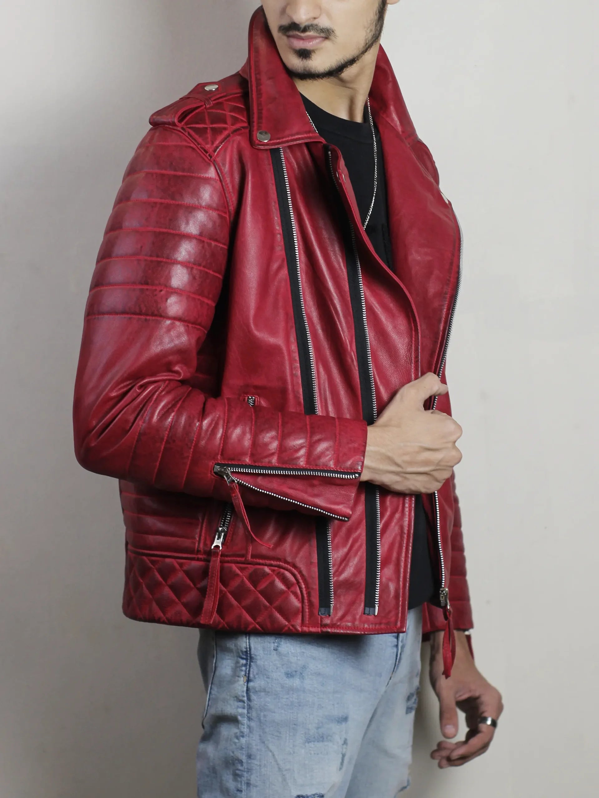 Vintage Style Red Leather Biker Jacket