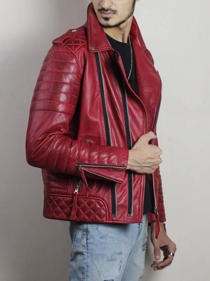 Vintage Style Red Leather Biker Jacket