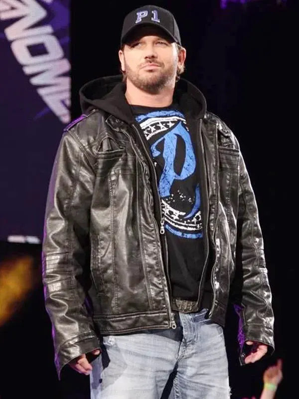 WWE AJ Styles Black Leather Jacket With Detachable Hood