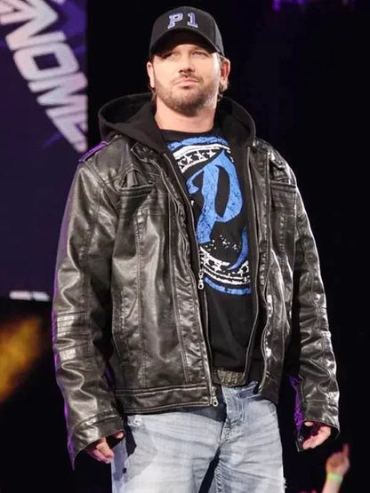 WWE AJ Styles Black Leather Jacket With Detachable Hood