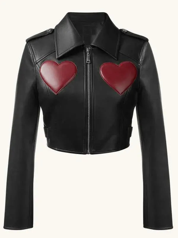 WWE Raw 2025 Liv Morgan Hearts Leather Black Cropped Jacket
