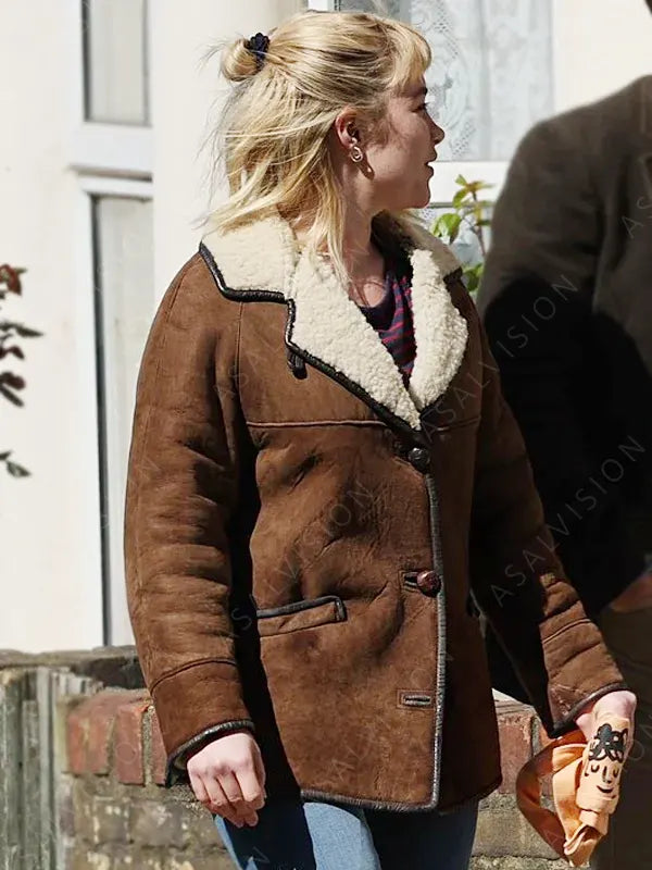 We live in Time Florence Pugh Brown Suede Shearling Jacket