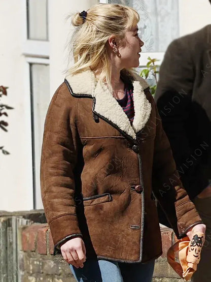 We live in Time Florence Pugh Brown Suede Shearling Jacket
