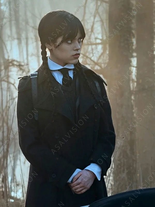 Wednesday Jenna Ortega Black Trench Wool Coat