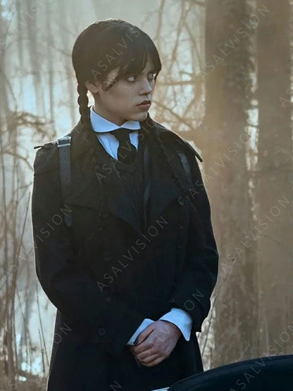 Wednesday Jenna Ortega Black Trench Wool Coat