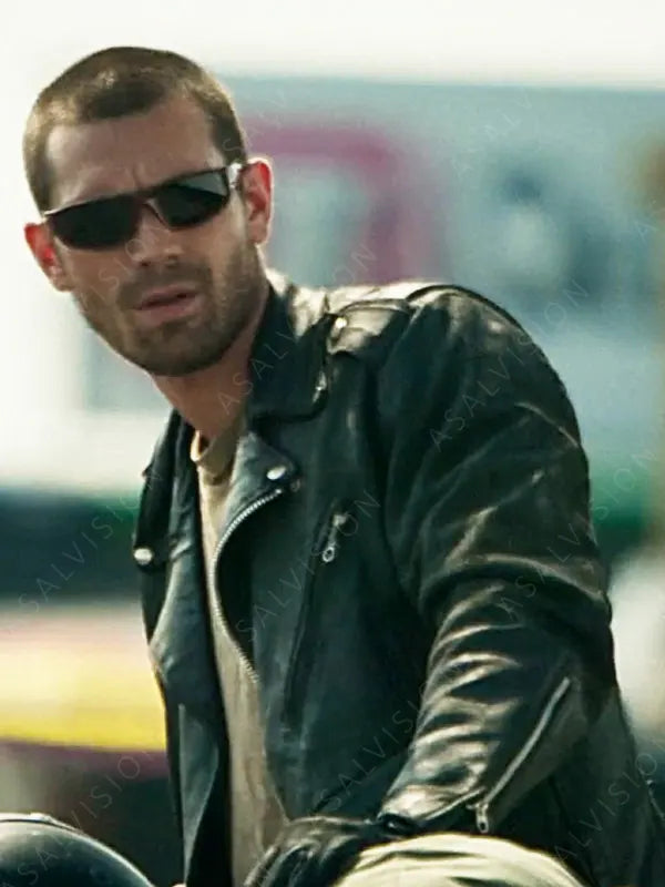 Wes Neal One Fast Move 2024 KJ Apa Black Leather Flags Jacket