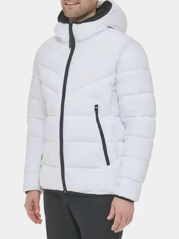 White Zipper Puffer Sherpa Lined Hood Jacket 