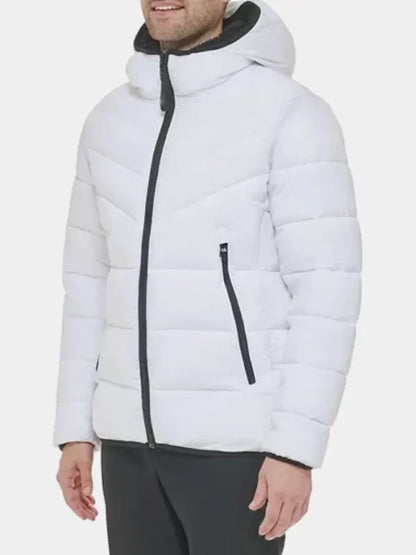 White Zipper Puffer Sherpa Lined Hood Jacket 