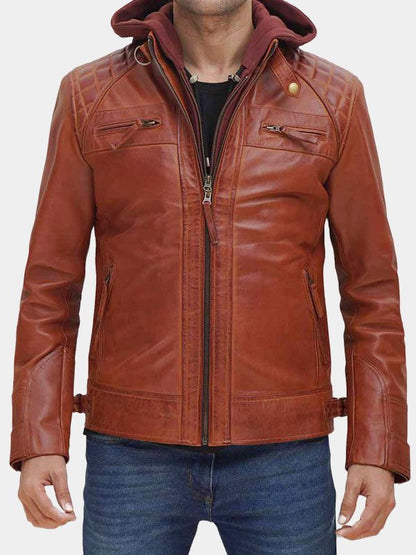 William Men's Brown Leather Jacket With Hood