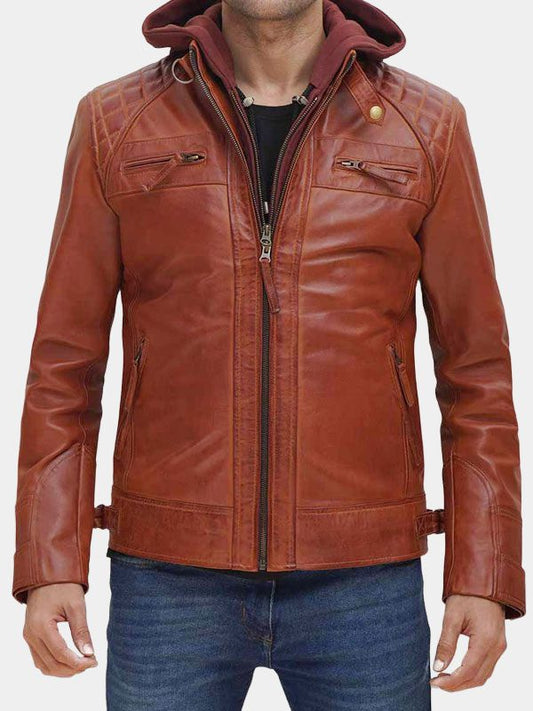 William Men's Brown Leather Jacket With Hood