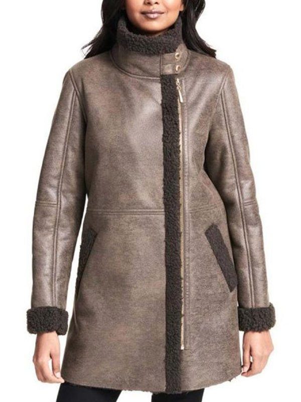 Women Asymmetrical Zip Shearling Leather Coat 2