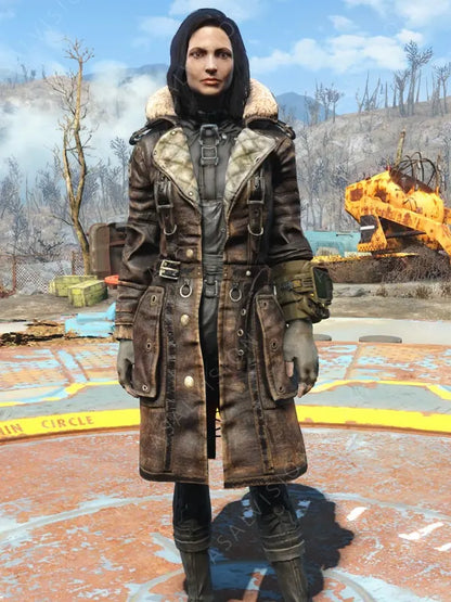 Women Fallout 4 Elder Arthur Maxson Brown Leather Battlecoat Jacket