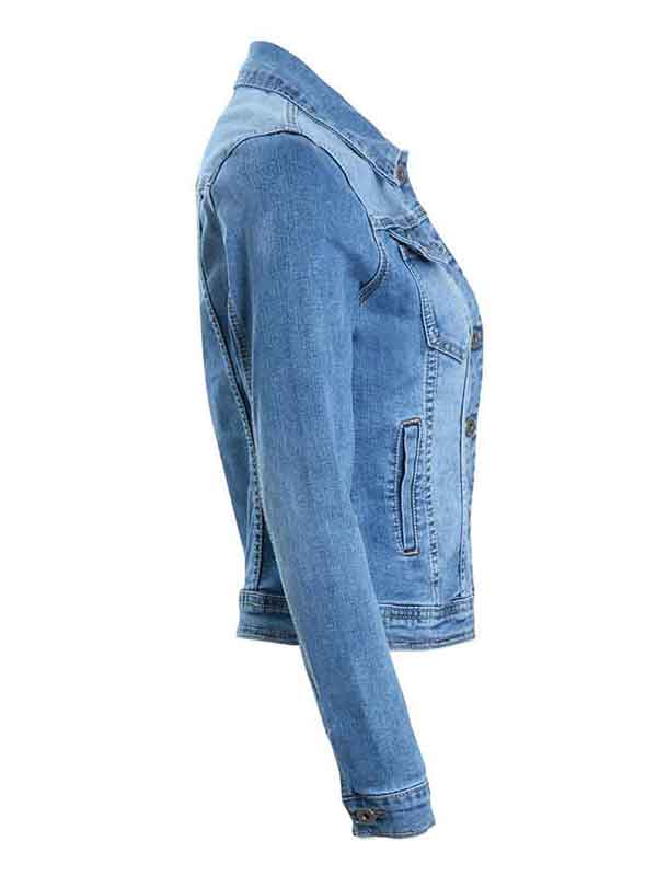 Women Slim Fit Buttoned Jeans Blue Denim Jacket