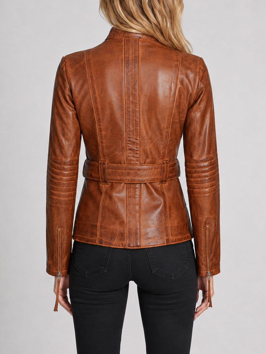 Zayla Belted Waxed Brown Leather Biker Jacket