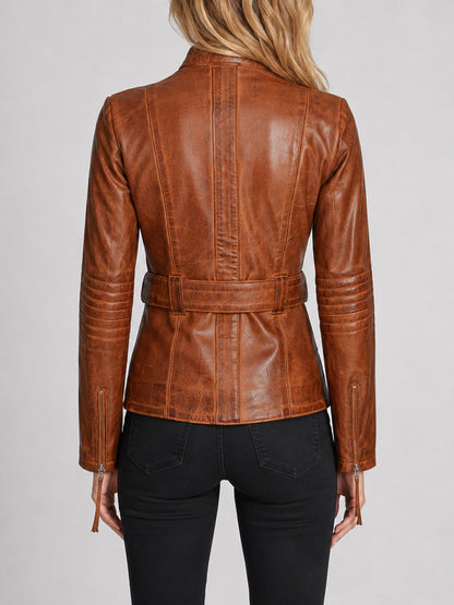 Zayla Belted Waxed Brown Leather Biker Jacket