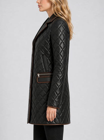 Womens Black Quilted Leather Coat