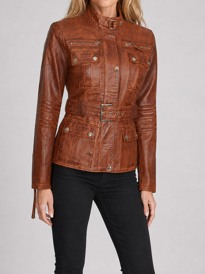 Zayla Belted Waxed Brown Leather Biker Jacket