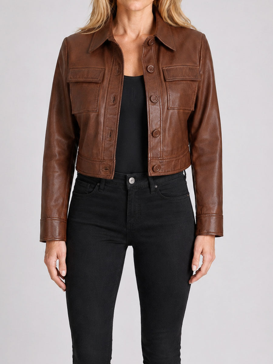 Cassidy Brown Cropped Leather Jacket