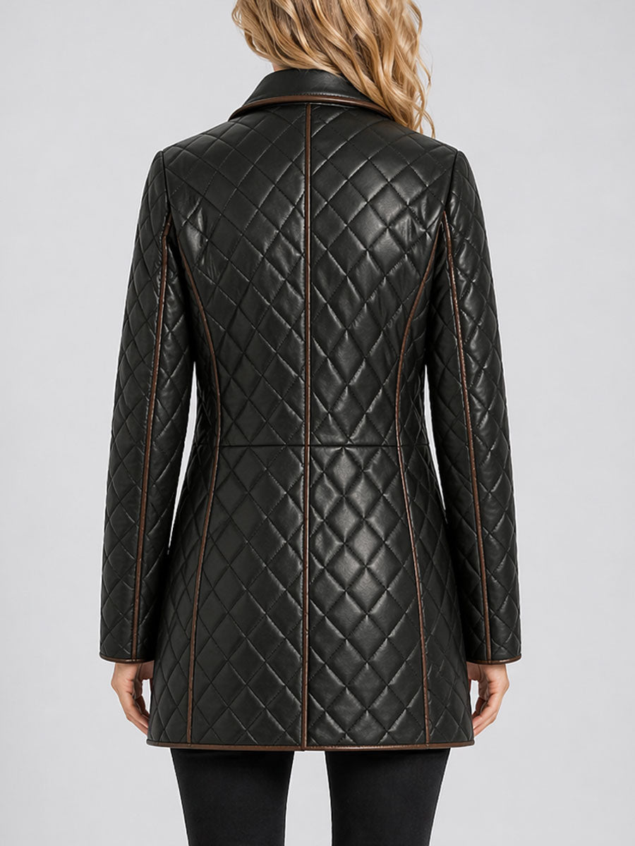 Womens Mid Length Black Quilted Leather Coat