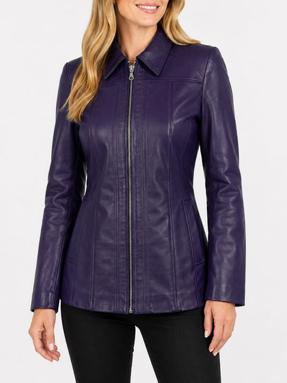 Womens Purple Real Lambskin Leather Car Coat