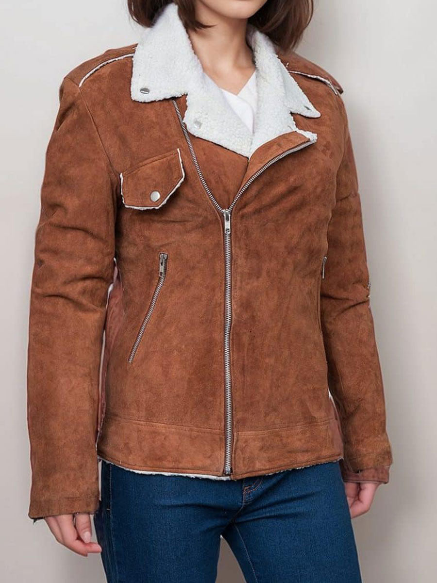 Womens Suede Biker Jacket With Sherpa Lining