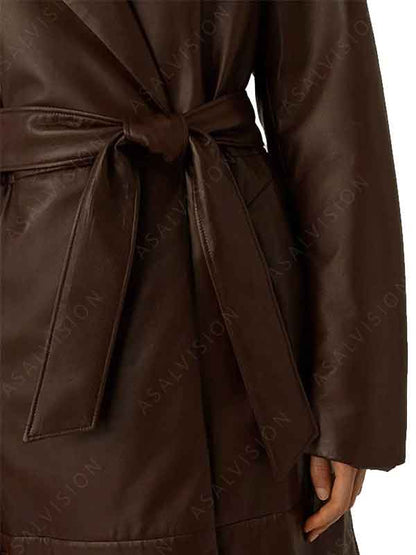 Womens Belted Front Chocolate Brown Long Leather Trench Coat