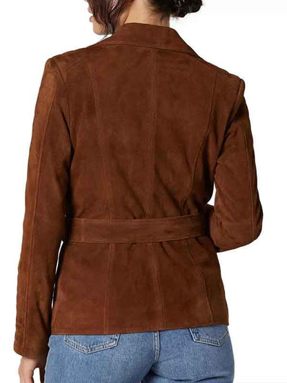 Womens Biker Brown Suede Leather Belted Motorcycle Jacket 
