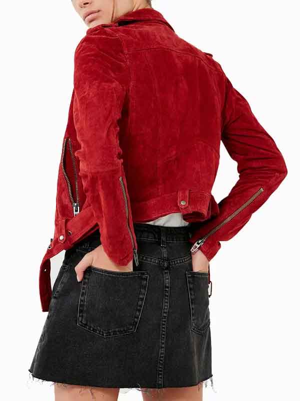 Womens Biker Motorcycle Red Suede Leather Jacket