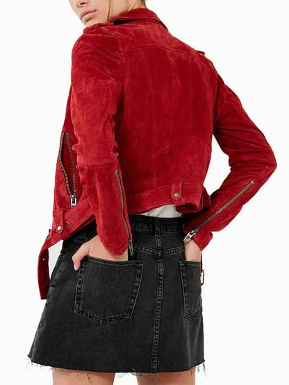 Womens Biker Motorcycle Red Suede Leather Jacket