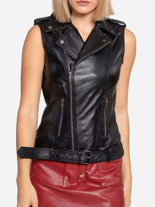 Womens Black Belted Leather Biker Vest