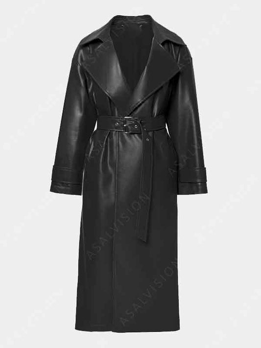 Womens Black Belted Sheepskin Leather Long Trench Coat